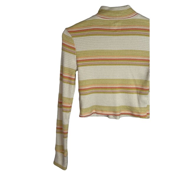 SO Top Womens Small Shirt Waffle Knit Fall Mock Neck Zip Tan Orange Striped - Picture 7 of 14